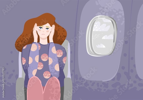 A young girl is sitting in the cabin near the window and holds her head in her hands. Banner concept of fear of flying and planes, aerophobia. Article in the magazine about fears. Vector illustration 