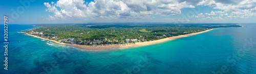 Aerial view of the popular beaches of Hikkaduwa and Thiranagama, the best places for surfing and swimming. Island Sri Lanka