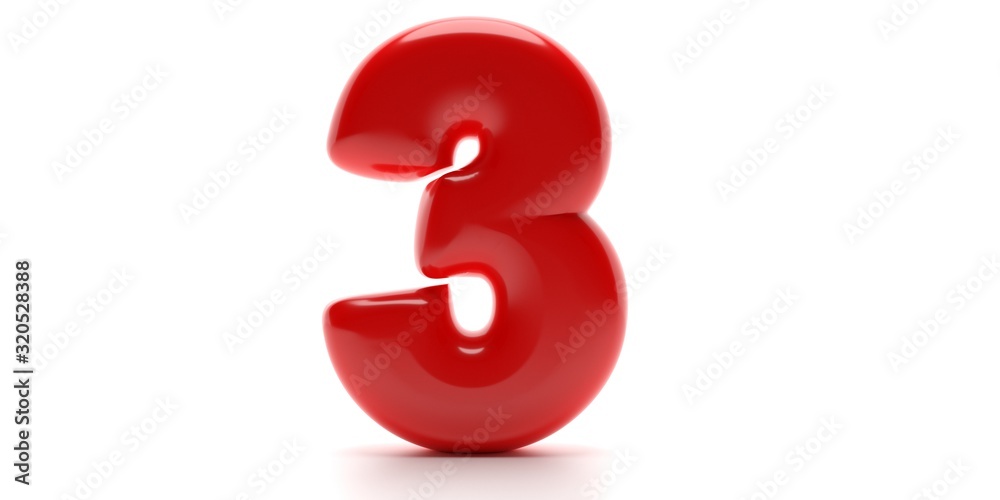 Three 3 number. Glossy balloon passion red color of digit 3 isolated on white background. 3d illustration Three 3 number. Glossy balloon passion red color of digit 3 isolated on white background. 3d illustration