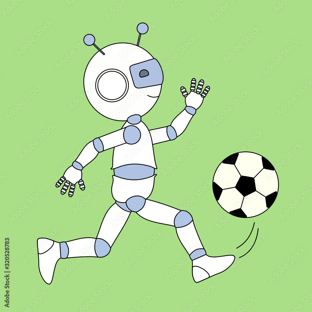 robot soccer player runs across the field and kicks the football ball, color vector bot emoticon on green isolated background