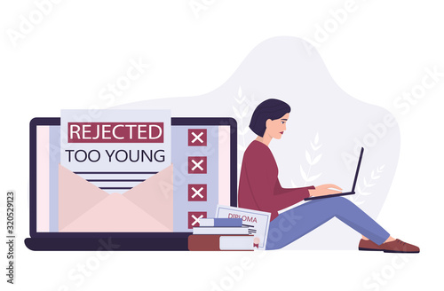 Recruitment ageism concept. Young woman recieved rejected cv.