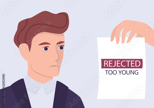 Recruitment ageism concept. HR specialist reject young man cv.