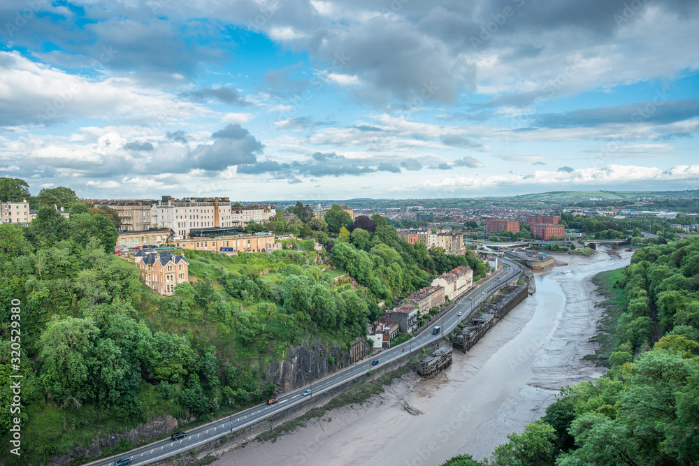 Wide ranging views along the river Avon towards Hotwells from Clifton Suspension Bridge
