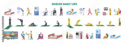 Fotografie, Obraz Daily routine of a muslim woman and man set.