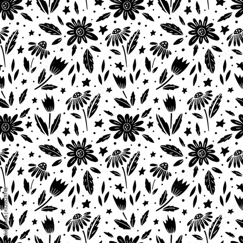 Hand drawn surface pattern design with flowers in garden
