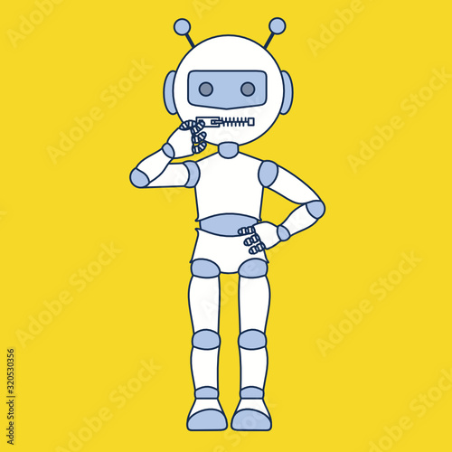 emoticon robot keeps his mouth shut by closing the zipper with his hand, funny cartoon character with simplistic facial expression, simple vector illustration
