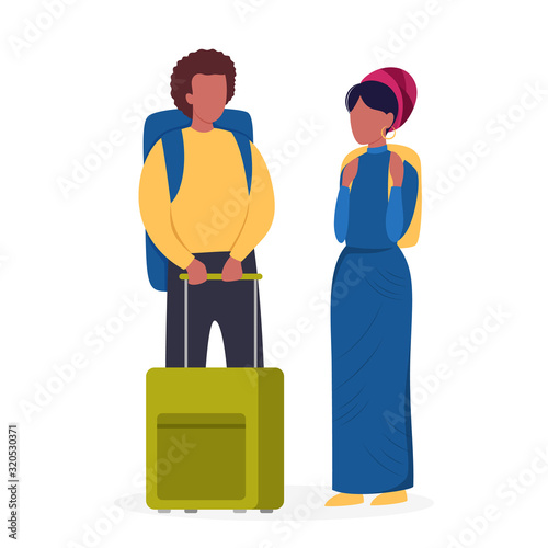 Vector illustration set of tourist with laggage and handbag.