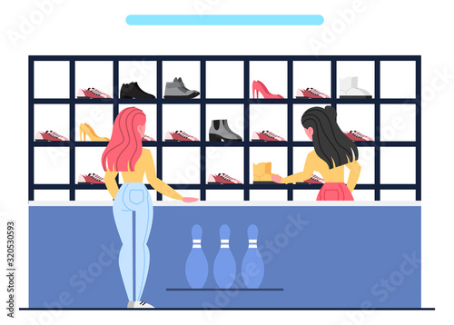 Bowling club room interior. Woman choosing bowling shoes to play.