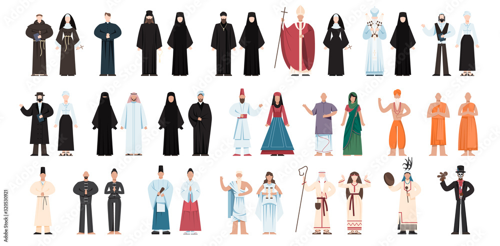 Set of religion people wearing specific uniform. religious figure - obrazy, fototapety, plakaty 