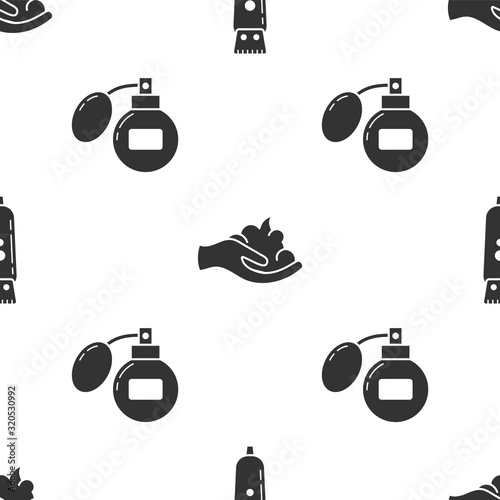 Set Electrical hair clipper or shaver, Shaving gel foam on hand and Aftershave on seamless pattern. Vector