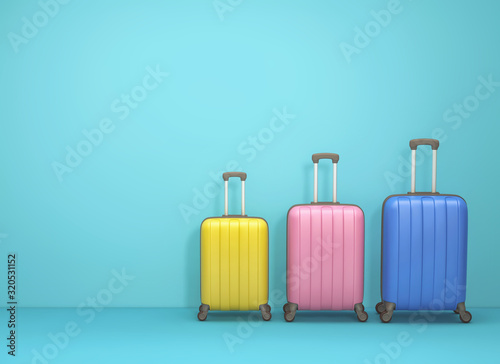 Three suitcases on blue background. Family travel concept