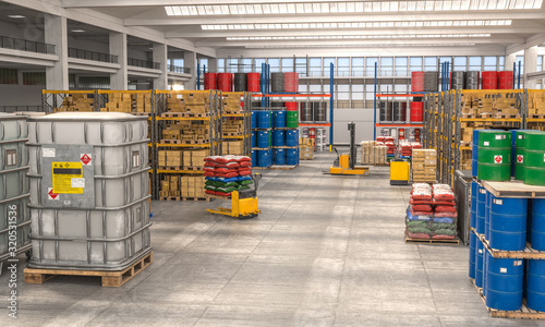 interior 3d render of a warehouse used for the storage of various goods.