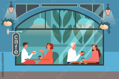People having lunch in cafe. Female and male characters drink coffee