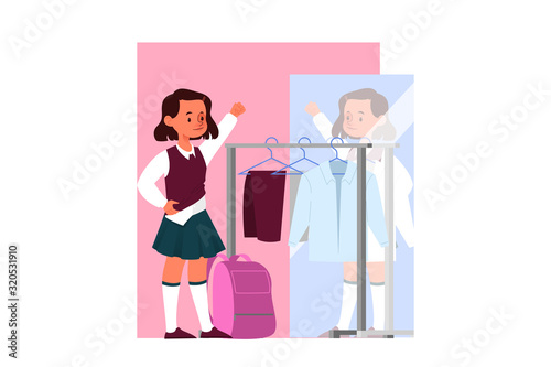 School girl schedule concept. Little girl dressing up to go to school.