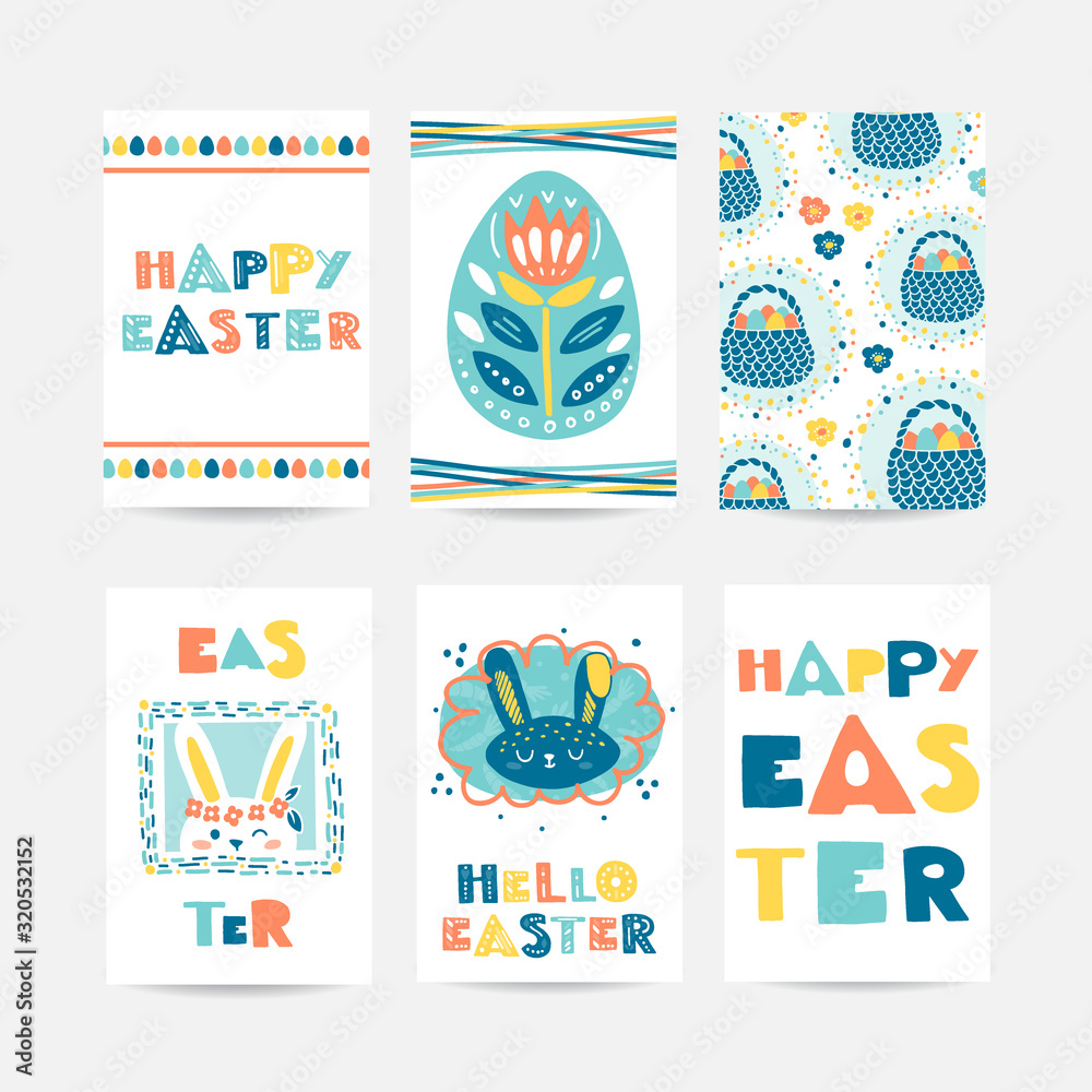 Obraz premium Vector set of six Easter cards with rabbit, holiday lettering, eggs, flowers, basket.