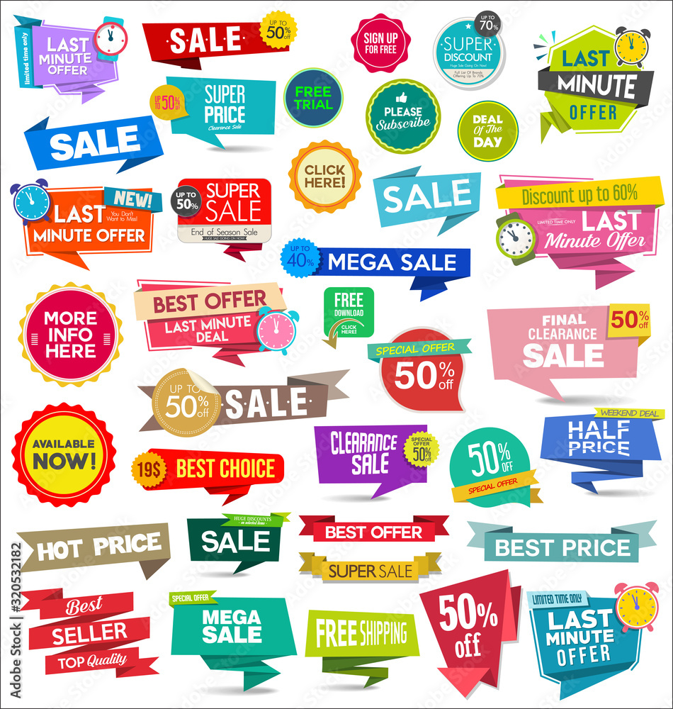 Collection of colorful sale stickers and tags  - obrazy, fototapety, plakaty 