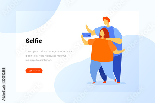 Couple makes Selfie on Mobile Phone Smartphone Flat vector illustration.