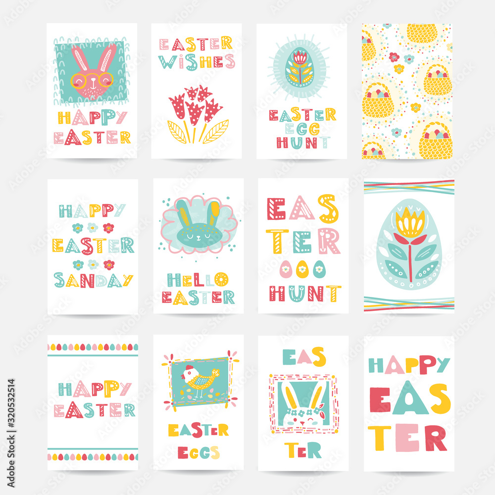 Vector set of six Easter cards with rabbit, holiday lettering, eggs, flowers, basket.