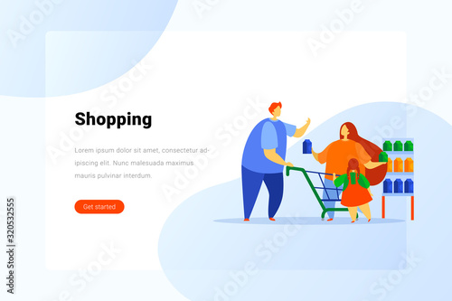 Family at Shopping Flat vector illustration. Father Mother Daughter buy Milk and put it in Shopping cart