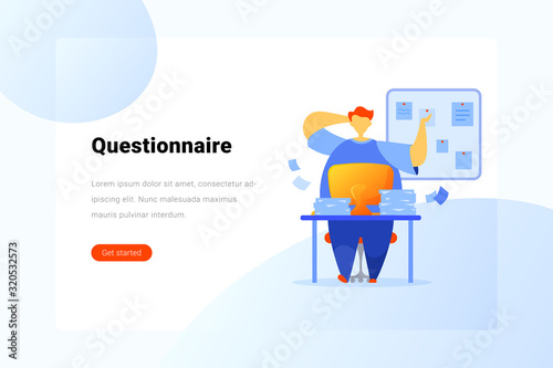 Man sitting at Table with Desktop Computer and Think Flat vector illustration. Landing Page design template