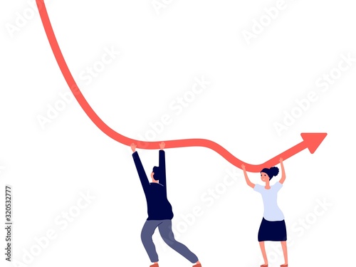 Business bankruptcy. Economy crisis and recession. Bad graphic, businessman failure or economic way. Negative investment vector concept. People hold way arrow trend, problem decline illustration