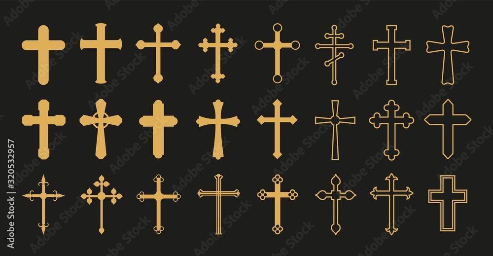 Christian cross. Gold crosses, simple decorative crucifix. Catholicism church religion vector symbols. Christianity and catholicism symbol shape, crucifix cross illustration