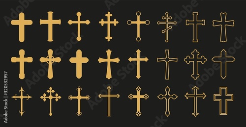 Christian cross. Gold crosses, simple decorative crucifix. Catholicism church religion vector symbols. Christianity and catholicism symbol shape, crucifix cross illustration