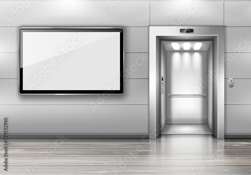 Realistic elevator with open door and TV screen on wall in office or modern hotel hallway, empty lobby interior with lift, wooden floor and blank display, indoor transportation 3d vector illustration