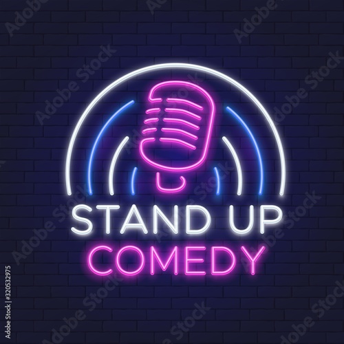 Comedy show neon sign. Retro microphone line design. Standup icon on brick wall vector illustration. Neon show stand up, emblem signboard
