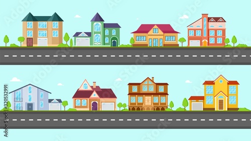 Flat cottage. Neighborhood houses, villa and residential on street. Suburban village at road. Property, family buildings or real estate vector illustration. Cottage neighborhood, housing residence