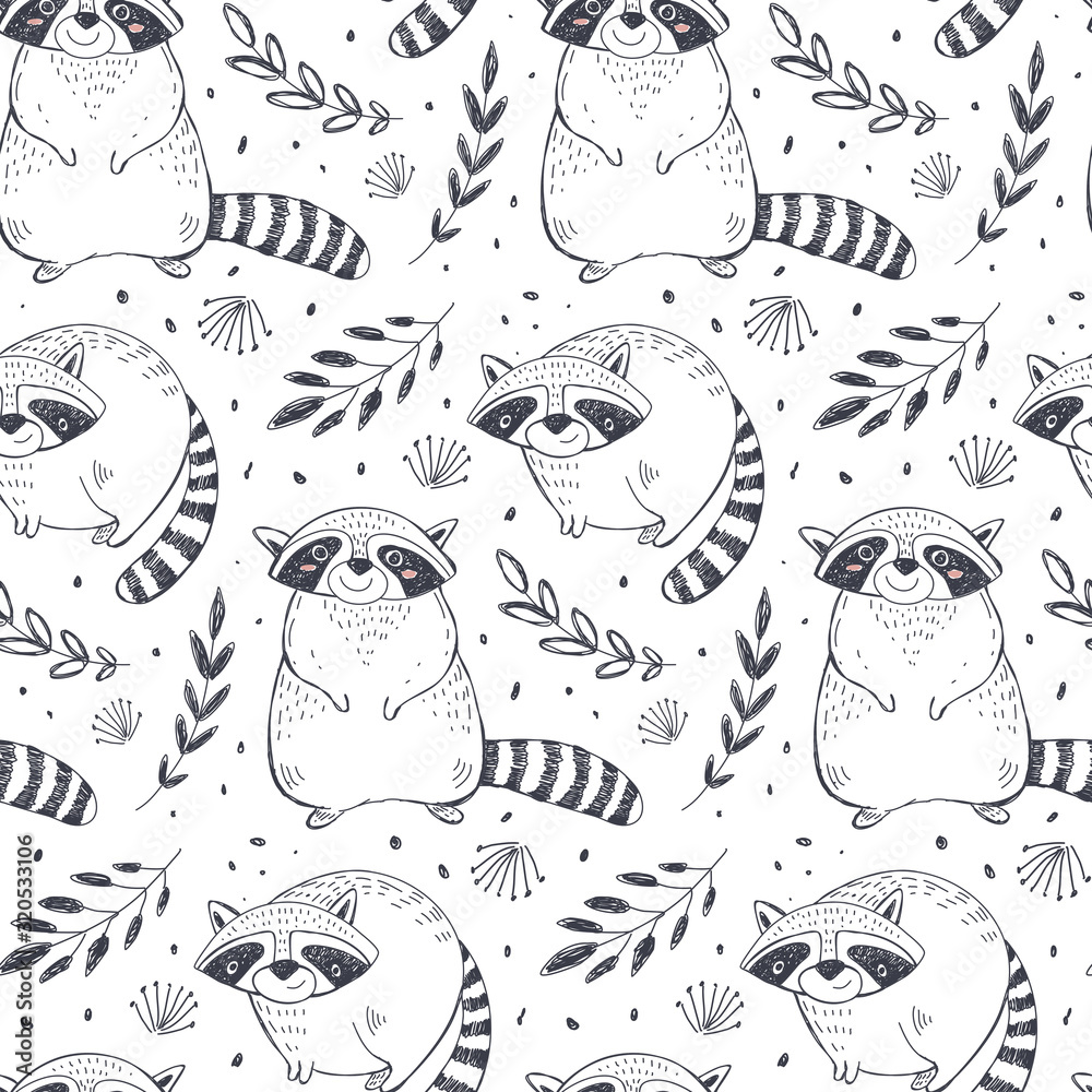 Vector seamless pattern with hand drawn raccoon animals, jungle plants ...
