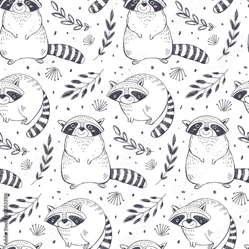 Vector seamless pattern with hand drawn raccoon animals, jungle plants and trees. Colorful endlss background.