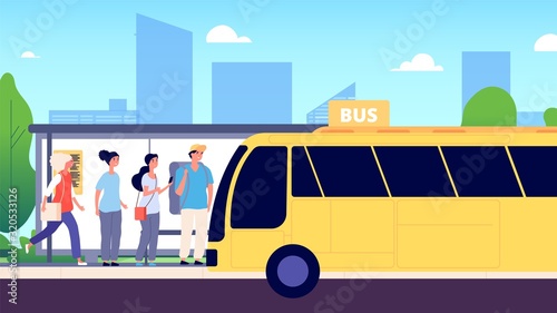 Bus stop. City transport, people waiting buses. Urban street, road, men and women. Public transportation vector illustration. City street bus, traffic transportation