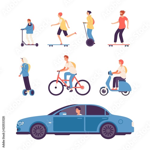 Man drive. Guys on scooter and bike, gyro scooter and skateboard. Male driving car vector illustration. Bike scooter, drive man by car