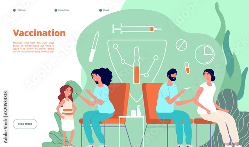 Vaccination landing page. Flu vaccine, baby and adult web banner. Health, immunization, clinic or hospital visitors. Medical vector concept. Vaccination, vaccine immunization, illustration injection