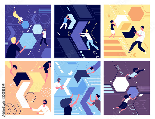 Collecting geometric shapes. People shaping puzzles. Success partnership, abstract working characters and leadership. Team vector concept. Collect abstract puzzle form, businessman work illustration