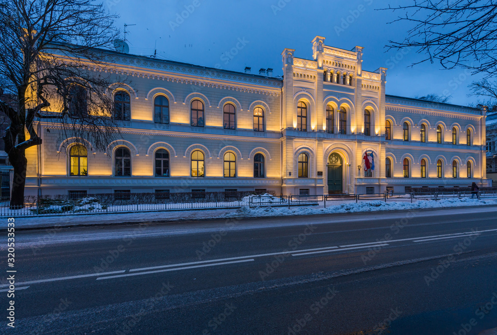 FEBRUARY 1, 2019 - RIGA, LATVIA: Historical building of Riga State Gymnasium No. 1, one of the most prestigious schools of Latvia