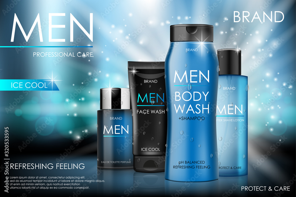 Body care products for men. Body and face wash, shampoo, perfume ads with  soft bokeh in 3d illustration on glittering background vector de Stock |  Adobe Stock