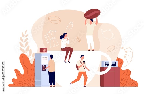 Coffee time. Relaxing, office break. People drinking hot beverages. Friends spend time together, barista and beans vector illustration. Coffee break beverage, relaxation with caffeine