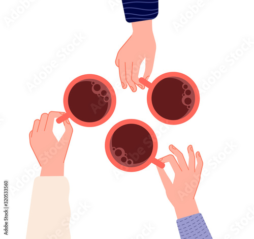 Hands holding cups. Coffee, tea in woman hand. Isolated mugs with hot drinks in cafe. Friends meeting or morning time vector illustration. Hot cup of coffee drink, hand with mug