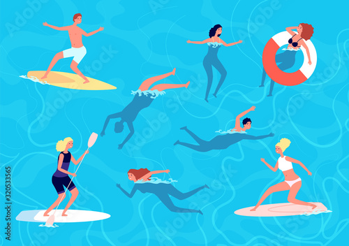 People swimming. Summer swim, woman man in vacation. People in sea or ocean, surfing and relaxing in water. Swimmers vector illustration. Summer holiday, vacation sea swim, relax in pool