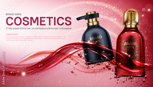 Cosmetics bottles mock up banner. Beauty product package design, red and black pump and spray tubes floating on water splash background. Body care cosmetic ad mockup Realistic 3d vector illustration