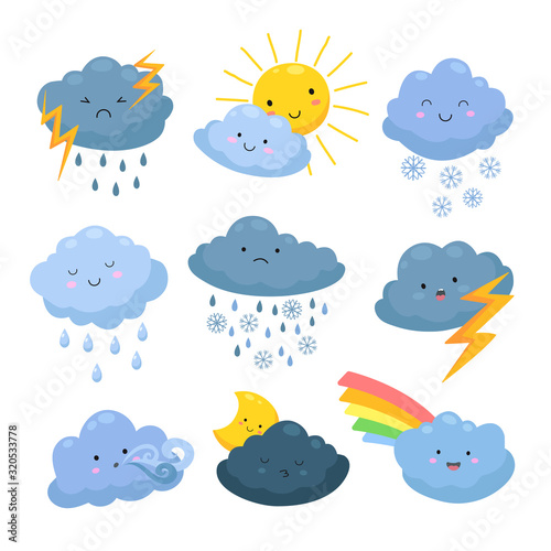 Cartoon weather clouds. Rain, snow elements. Heavenly cloudy shapes, storm and lightning, sun and moon. Meteorological forecast vector set. Illustration rain and snow, storm and wind