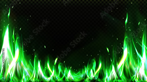 Realistic green fire border, burning flame with sparkles isolated on transparent background. Bonfire blaze glowing effect, shining magic flare frame design element 3d vector illustration, clip art