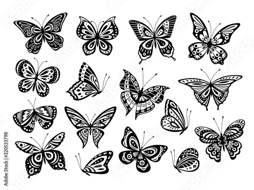 Black butterflies. Drawing butterfly silhouette, nature elements. Gorgeous artwork ornate wings different forms. Isolated tattoos vector set. Butterfly insect, silhouette butterfly illustration