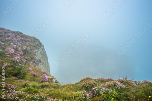 Bedruthan Steps on a foggy day, near Newquay, Cornwall, England, Great Britain, UK. photo