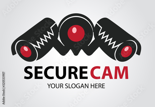Secure Camera logo designs concept, Toothy cameras are monitored in different directions. CCTV Silhouette logotype designs template.