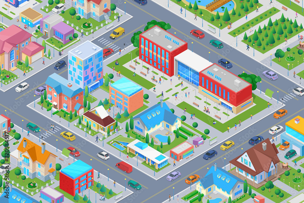 Isometric School University College in Smart city Flat vector illustration