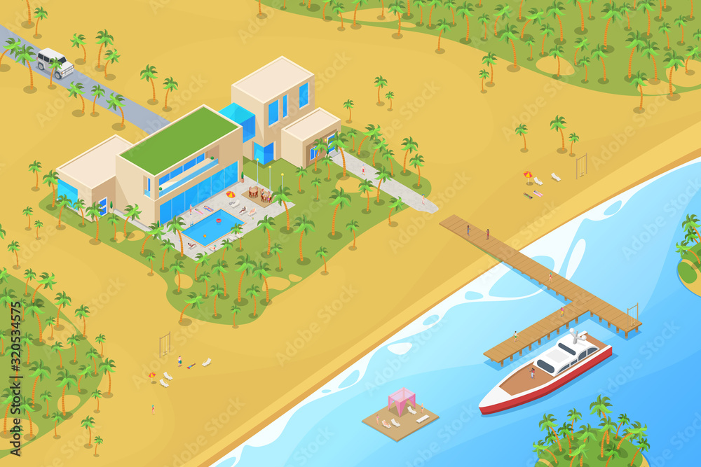 Isometric Villa house with Yacht on berth Sea Ocean tropical beach Flat Vector illustration