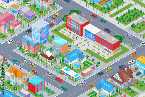 Isometric School University College in Smart city Flat vector illustration